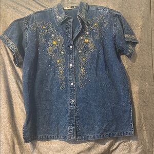 Embroidered Denim Shirt - Blue with Yellow Accents
